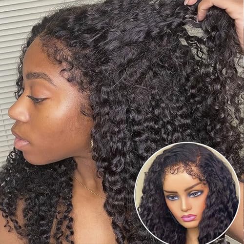 Uioxvn 4C Kinky Curly Edges Hairline 13x4 Deep Curly Lace Front Wigs Human Hair With Curly Baby Hair Glueless HD Lace Frontal Wigs Human Hair Pre Plucked 150% Density (18inch)