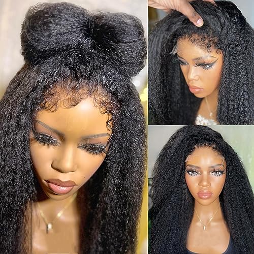 180% Density Pre Cut 6x6 HD Lace Closure Wigs 4C Kinky Curly Edges Hairline Wear and Go Glueless Wig Kinky Straight Lace Front Wigs Real No Glue Wig (16 inch, Glueless 6X6 HD lace 4C Edges Wig)