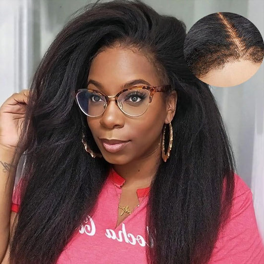13X4 Lace Front Wig With Curly Edges Hairline 180% Density Kinky Straight Human Hair Wigs for Black Women Yaki Straight HD Lace Wig with Curly Baby Hair Glueless Wigs for Women Natural Black 16 Inch