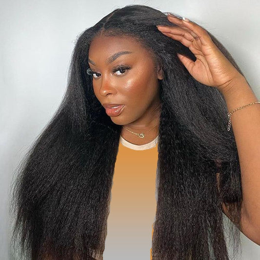 yz grace Kinky Straight Lace Front Wigs Human Hair 4C Kinky Curly Edges Hairline Kinky Straight Human Hair Wig Yaki Straight Wigs 180% Density 13x4 Transparent HD Lace Wig (kinky straight, 22-inch)