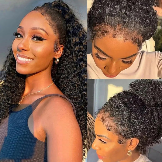 Alionly 4C Curly Edges Hairline HD Lace Front Wig Human Hair,22 Inch 180 Density Water Wave 13x4 Front HD Lace Front Wigs Human Hair with Curly Baby Hair Glueless Wig Pre Plucked